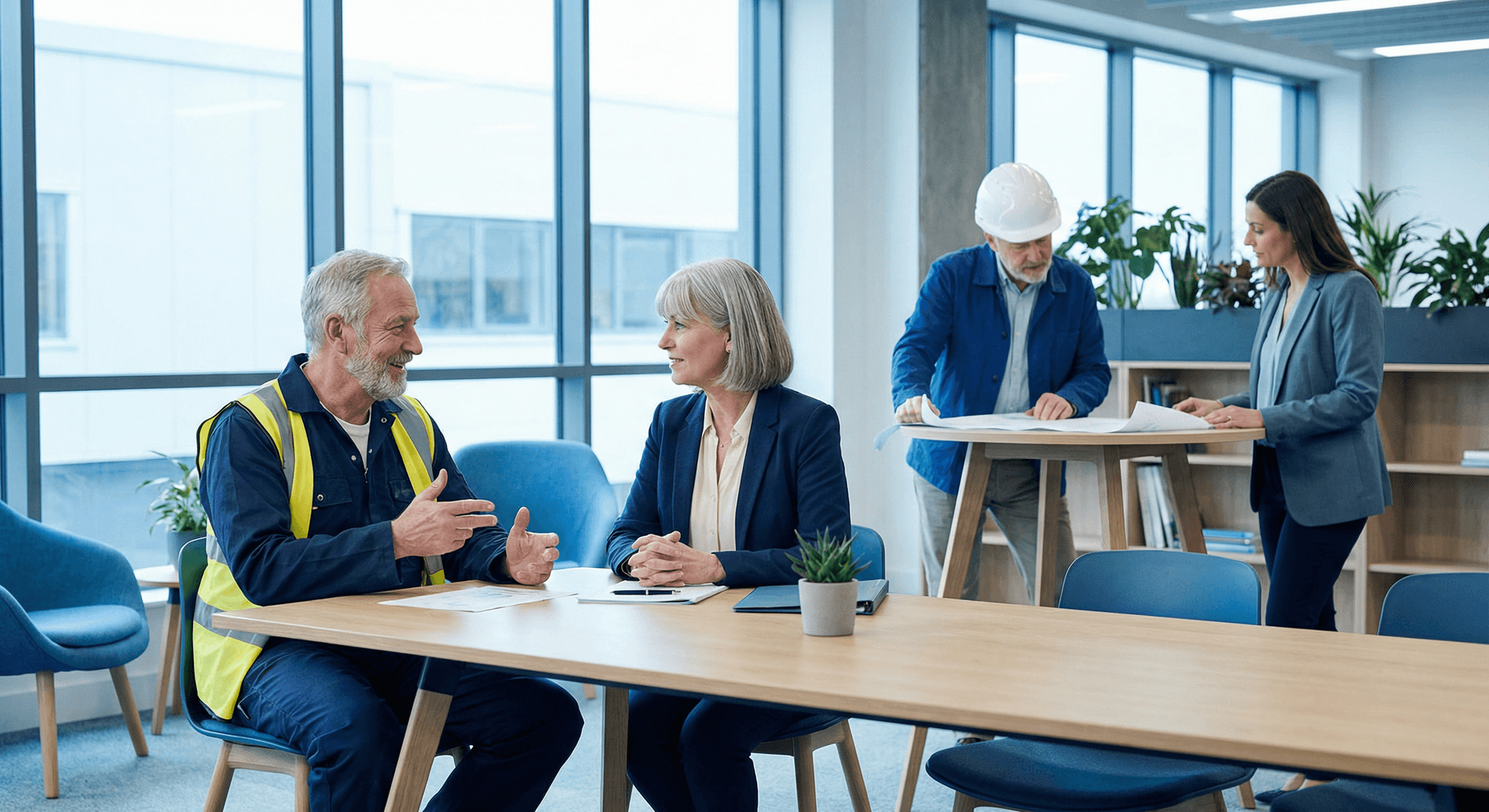 Samtale mellom industriarbeider og kontormedarbeider